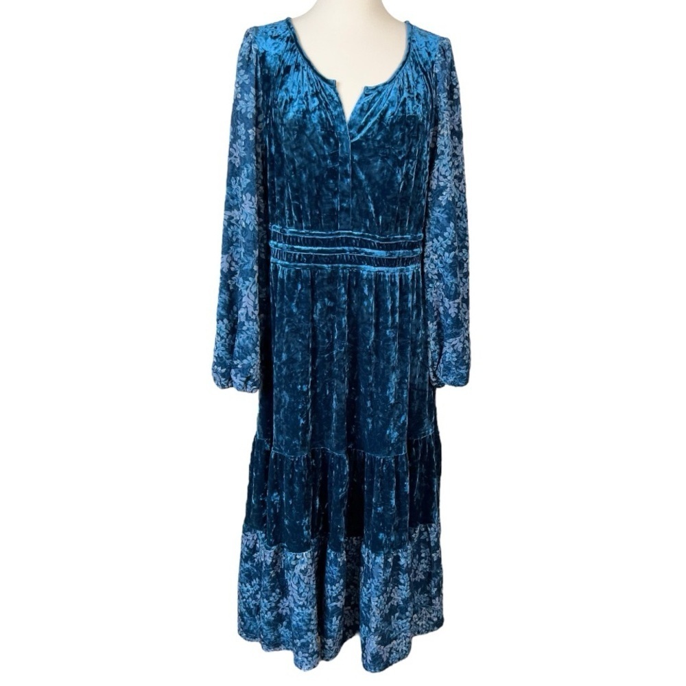 Frye and Co. velvet blouse sleeve tiered midi peasant teal floral dress